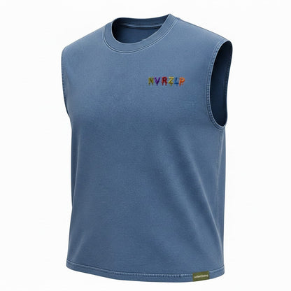 LaStarClothing™ NVRZLP Core Collection sleeveless blue t-shirt with a colorful embroidered logo on the chest
