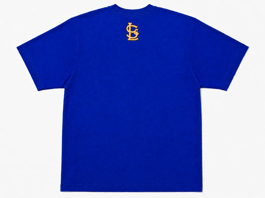 LaStarClothing™ royal blue cotton t-shirt with a gold embroidered monogram logo on the upper back